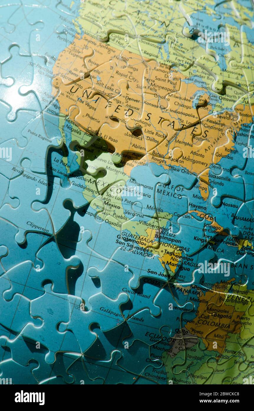 Rotterdam, The Netherlands, May 2, 2020: detail of a somewhat distorted 3d globe puzzle showing the Americas and the eastern Pacific Stock Photo