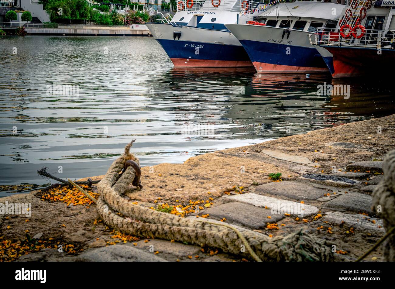 Moored touristic boats in Seville, Andalusia, Spain after Coronavirus lockdown Stock Photo