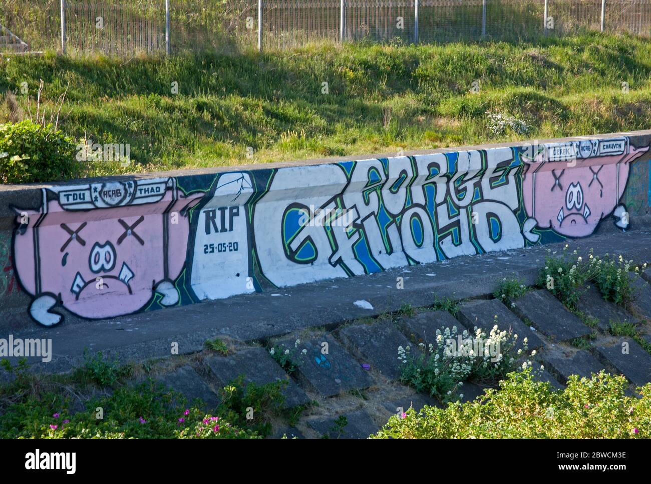 Portobello, Edinburgh, Scotland, UK. 31 May 2020. A graffiti artwork tribute has been painted at the Seafield  end of  Portobello Beach, following the tragic death of George Floyd as currently protesters across the United  States are demonstrating against police brutality towards African-Americans.The words 'RIP 25/05/2020 George Floyd', are written beside pigs heads behind bars and the name of the disgraced Minneapolis police officer Derek Chauvin, who has been charged over the killing of Mr Floyd. Credit: Arch White/Alamy Live News. Stock Photo