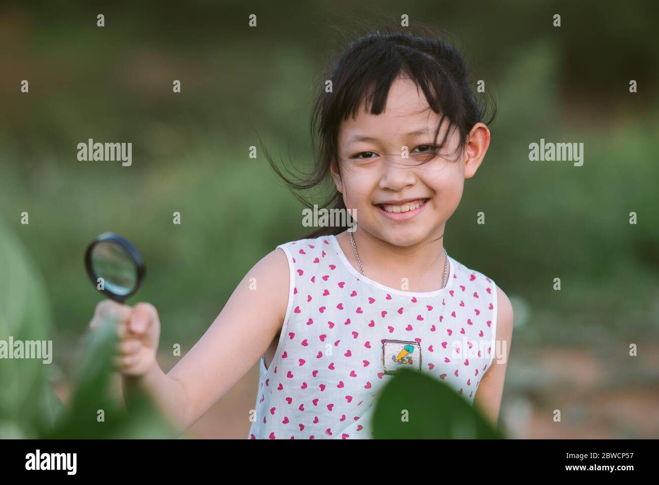 Happy asian little child girl looking through a magnifying glass on green leaf tree in the park Stock Photo