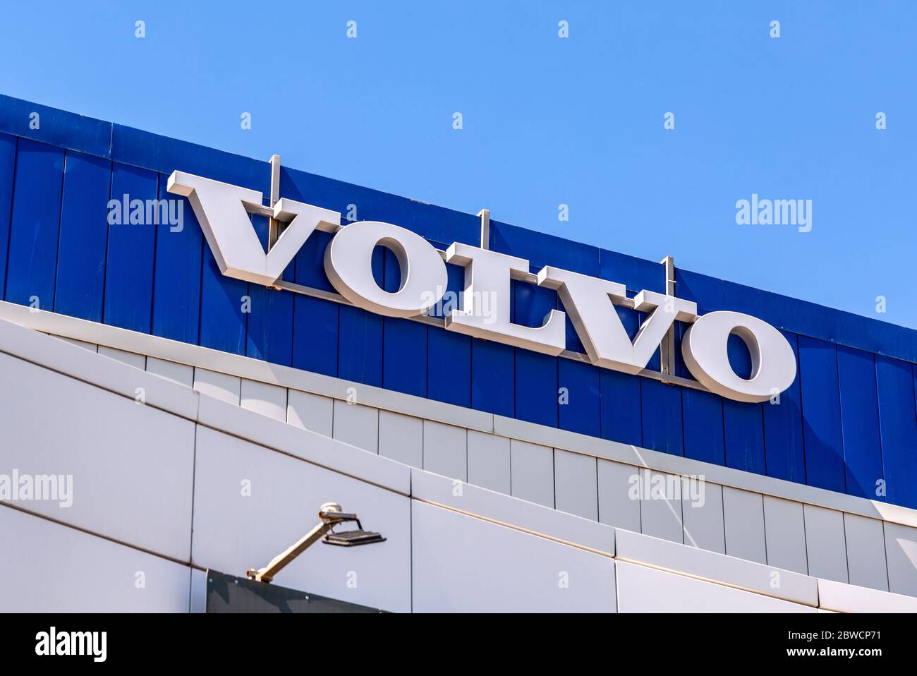 Samara, Russia - May 29, 2020: Volvo dealership sign on the office of official dealer. Volvo is a Swedish multinational automaker company Stock Photo