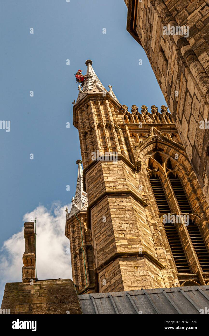 Tinsmith repairing the Roof of Lincoln Cathedral Stock Photo