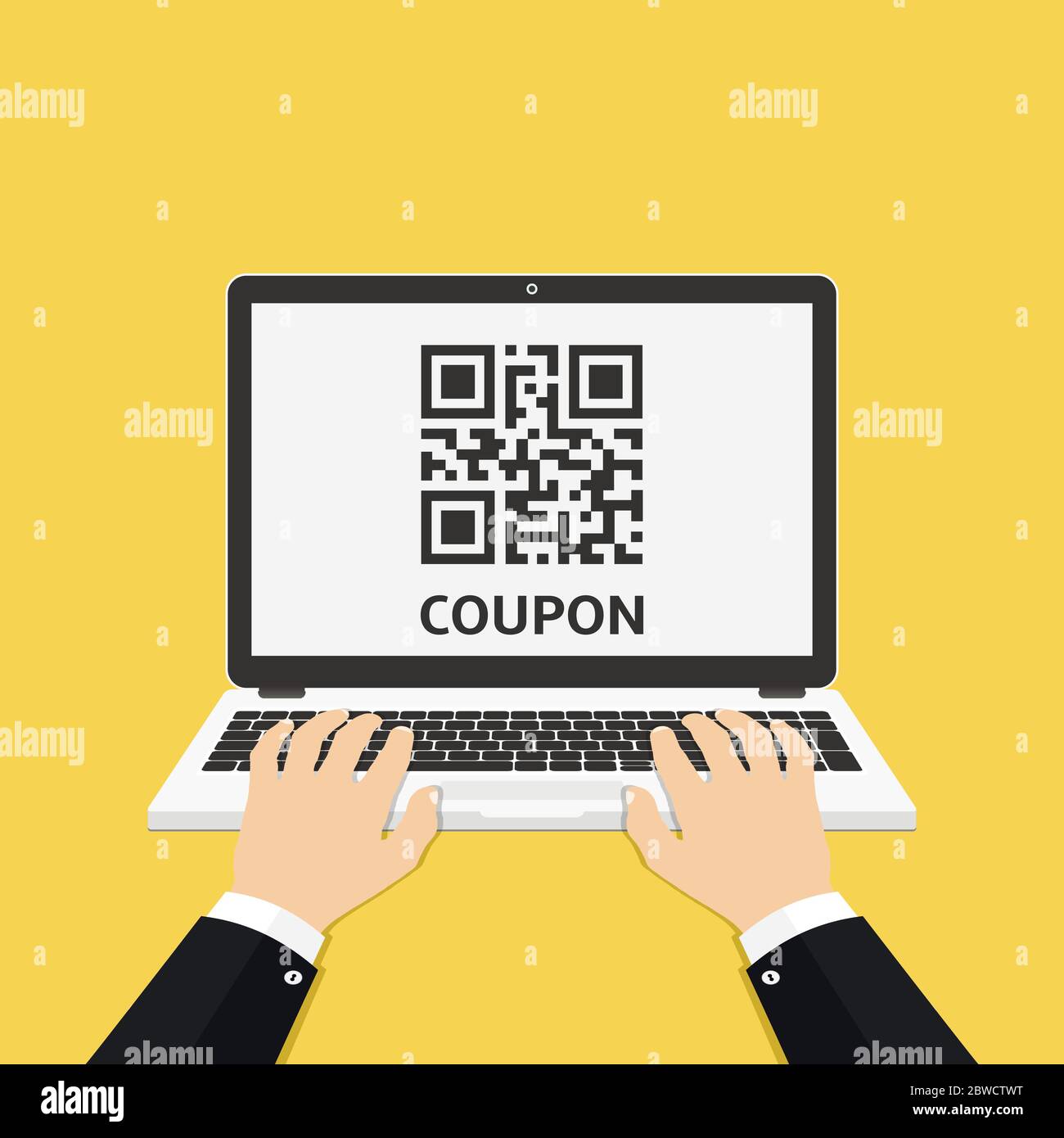 Man hands using laptop with coupon QR code on screen. Vector illustration. Stock Vector