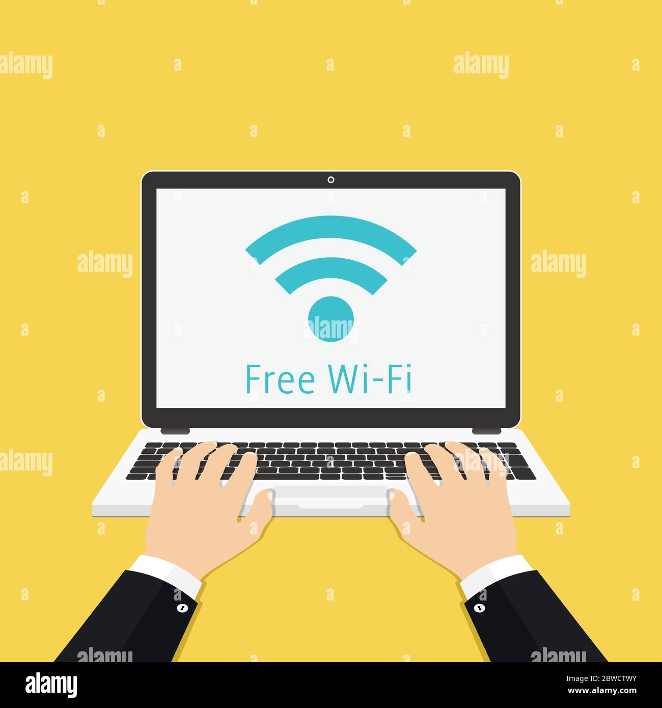 Laptop with free wi-fi sign on screen. Hands on the laptop. Vector Illustration. Stock Vector