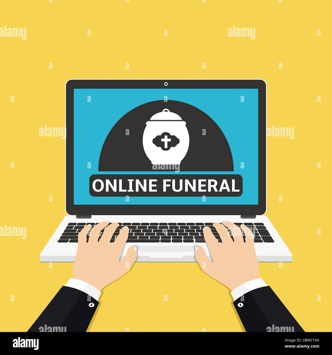 Online funeral service on laptop screen. Hands on the laptop. Vector Illustration. Stock Vector