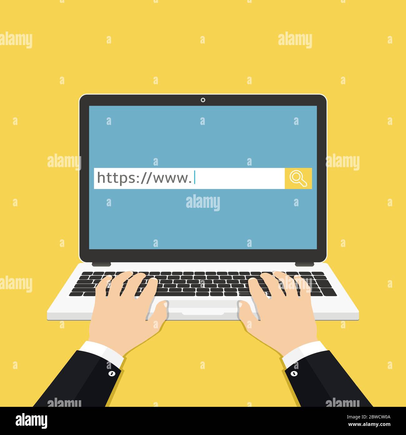 Concept vector illustration of man hands using laptop for searching in web browser. Flat design. Stock Vector