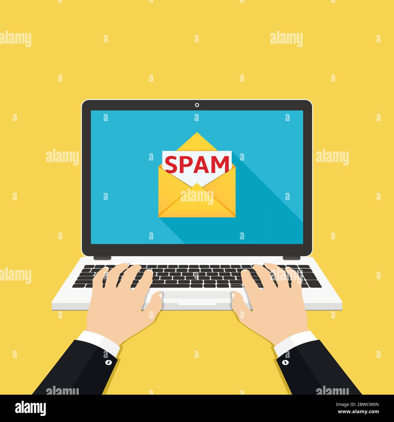 Spam email on laptop screen. Hands on the laptop. Vector Illustration Stock Vector