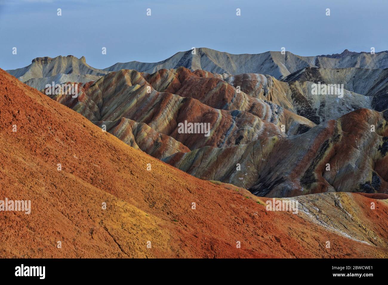 Seven-Color-Mountain landform from Colorful-Clouds Observation Deck. Zhangye Danxia-Qicai Scenic Spot-Gansu-China-0904 Stock Photo