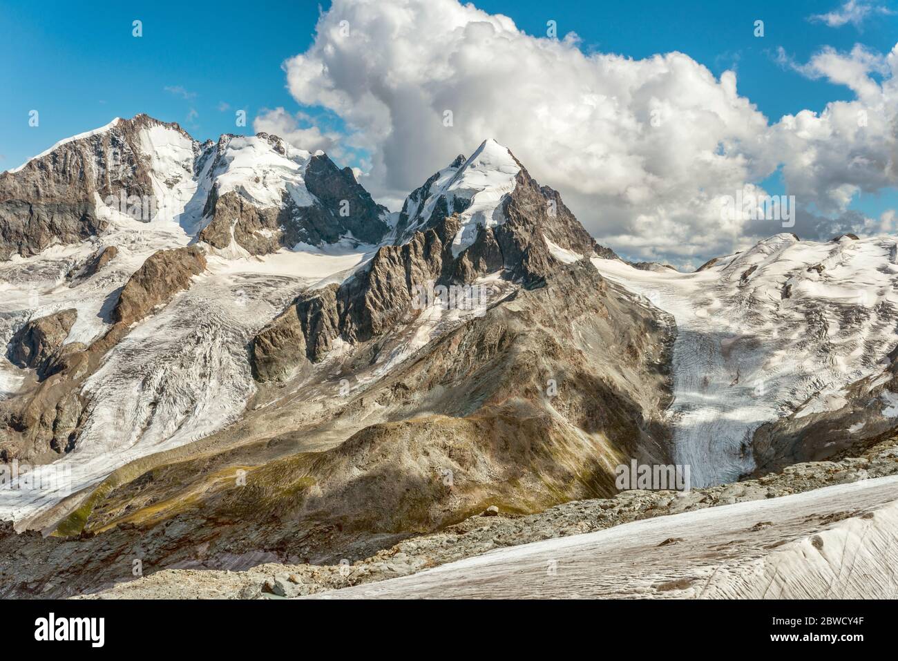 Piz Roseg and Sella Glacier seen from Piz Corvatsch Mountain Station, Grisons, Switzerland Stock Photo