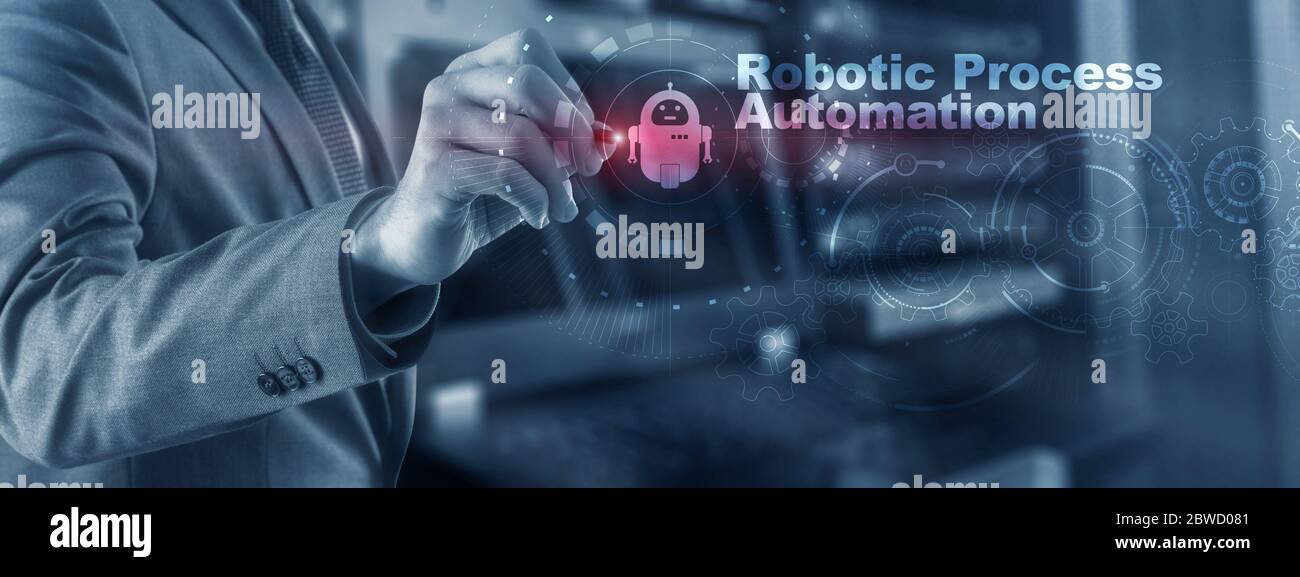 RPA Robotic Process Automation. Technology concept on virtual screen. Ai algorithm analyze Business. Stock Photo
