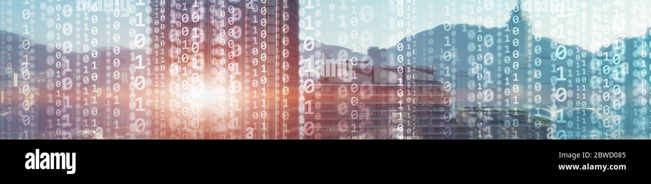 Binary computer code virtual city skyline. Matrix Mixed Media Background. Stock Photo