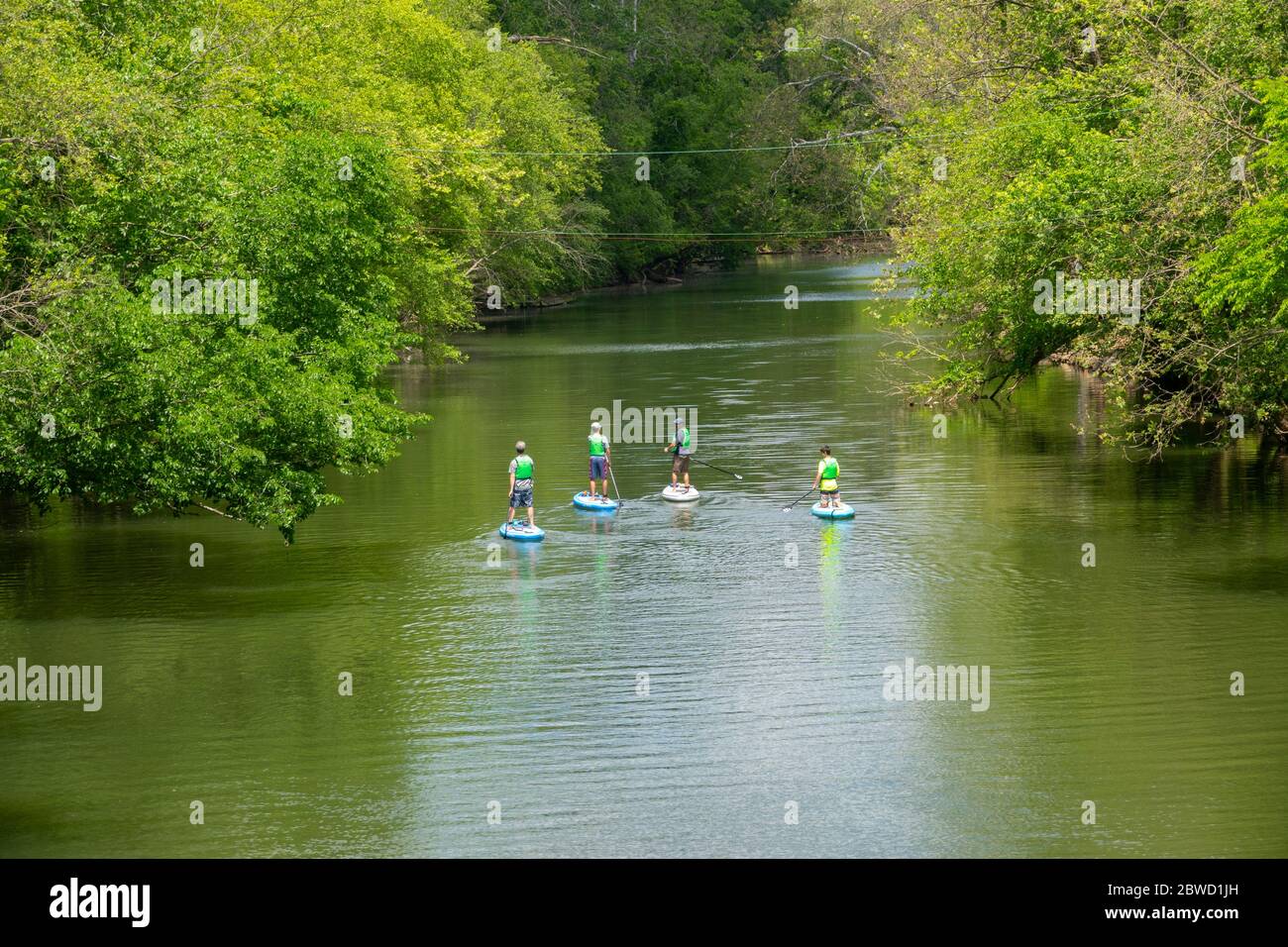 USA Maryland MD Outdoors recreation stand up paddle boarding on Seneca Creek in Poolesville Montgomery County Stock Photo