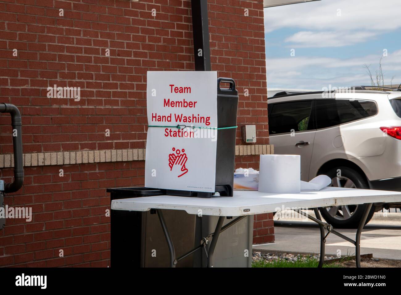 Maplewood, Minnesota. A team member hand washing station at a fast food restaurant for the employyes. Stock Photo