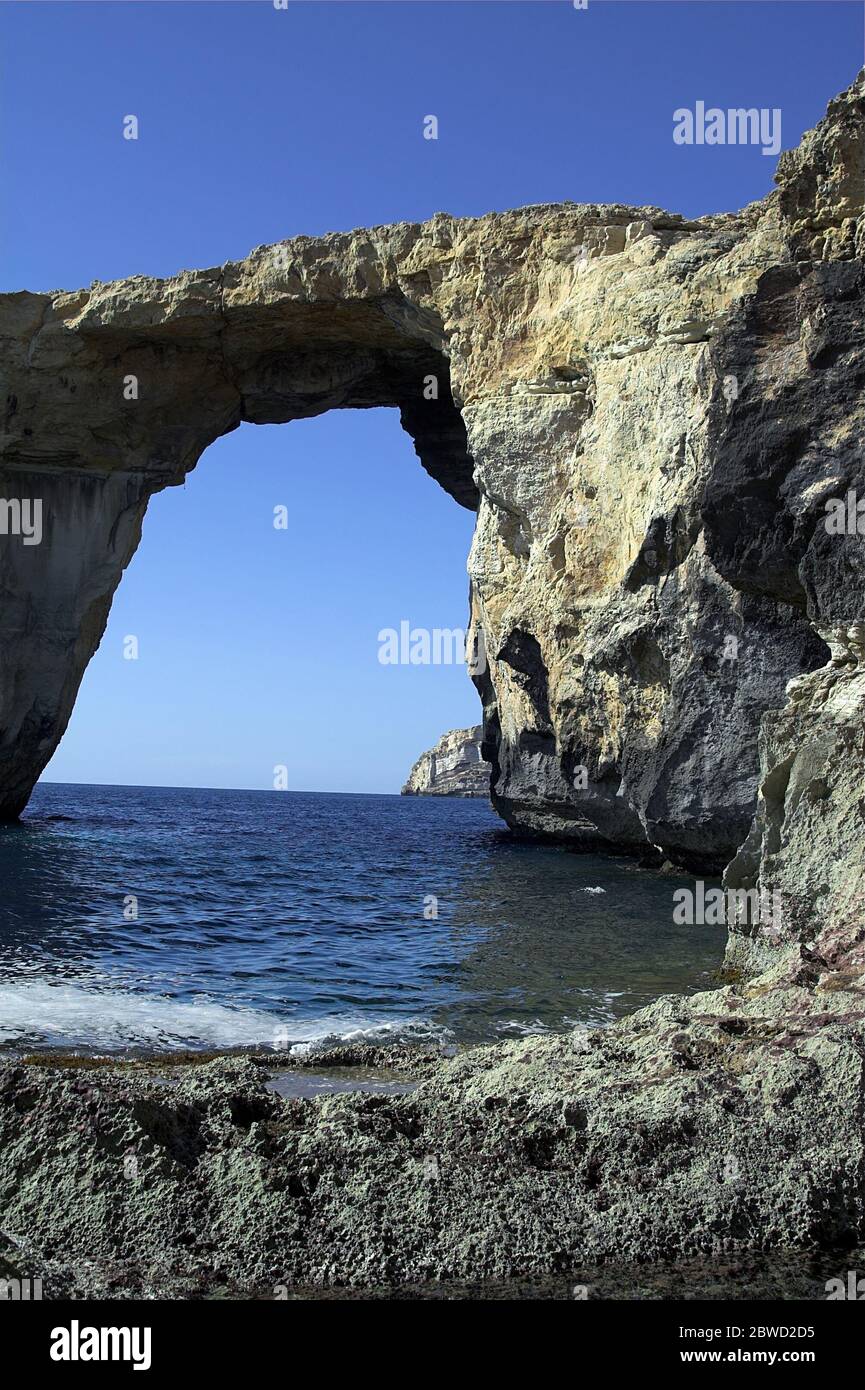 Malta, Gozo, Azure Window - no longer existing rock formation. Azure Window - keine Felsformation mehr vorhanden. Azure Window: ya no existe formación Stock Photo
