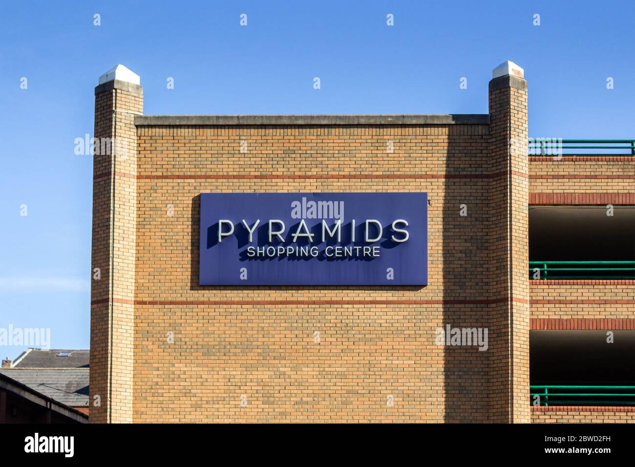 Pyramids shopping centre sign, large shopping mall in the town centre