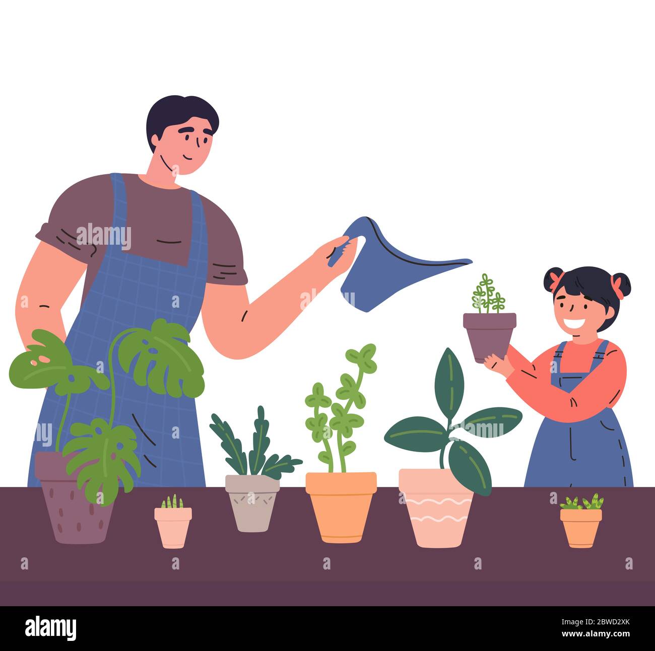 Father and daughter water the houseplants together Stock Vector