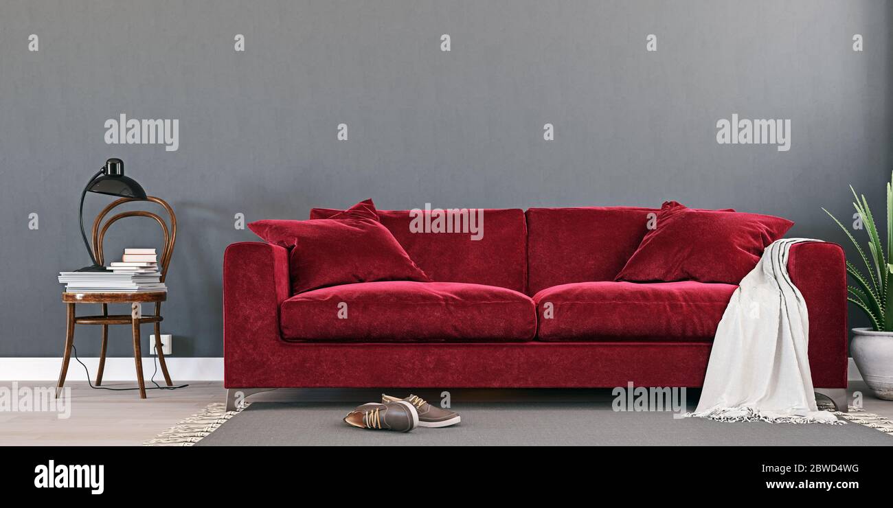 Gray mock up wall with luxury carmine red sofa in modern interior background, living room, Scandinavian style, 3D render, 3D illustration Stock Photo