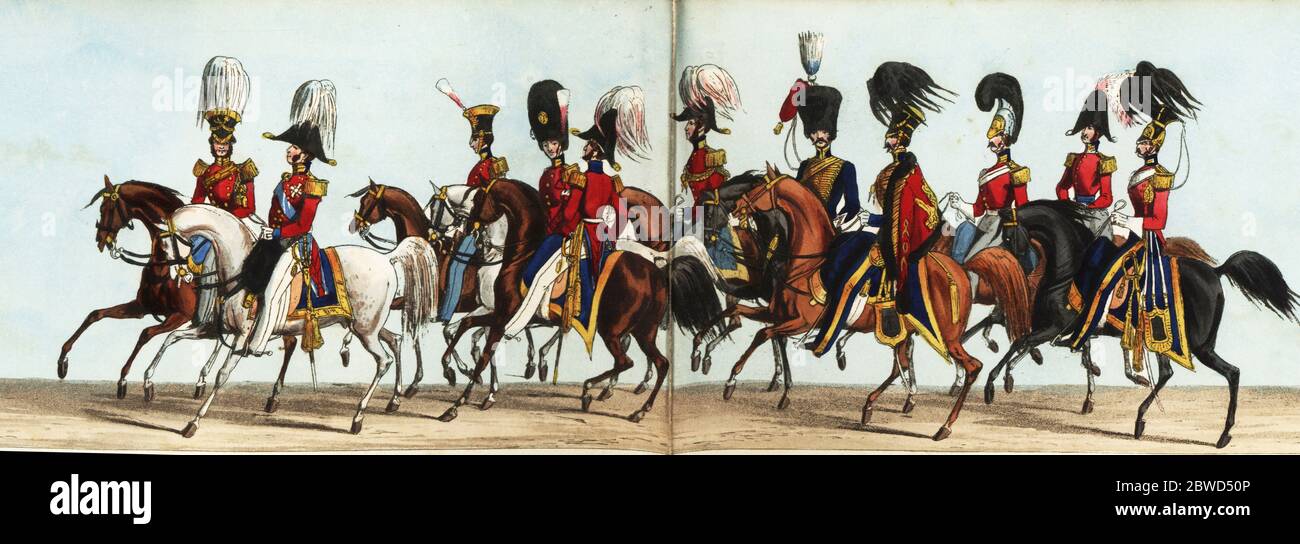 Military Staff and Aides-de-Camp in Queen Victoria’s coronation parade. Equerry of the Crown Stable, Sir George Augustus Quentin, Queen’s Gentleman Rider, Deputy Adjutant General, Deputy Quartermaster General, Deputy Adjutant General Royal Artillery, Quartermaster General, Military Secretary to the Commander-in-Chief, Adjutant General. Handcoloured aquatint engraving from Fores' Correct Representation of the State Procession on the Occasion of the August Ceremony of Her Majesty's Coronation, June 28th 1838, published by Fores, Sporting and Fine Print Repository, Piccadilly, London, 1838. Stock Photo