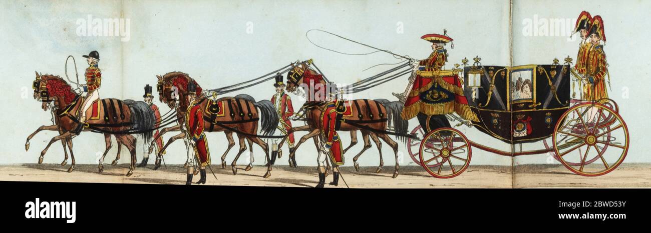 Third Carriage of the Royal Household. in Queen Victoria’s coronation parade. Two Bedchamber Women, Lady Theresa Digby and Lady Charlotte Copley, Two Grooms in Waiting, the Honourable George Keppel and Henry Rich Esq. Attended by liveried grooms and valets, drawn by six bay horses. Handcoloured aquatint engraving from Fores' Correct Representation of the State Procession on the Occasion of the August Ceremony of Her Majesty's Coronation, June 28th 1838, published by Fores, Sporting and Fine Print Repository, Piccadilly, London, 1838. Stock Photo