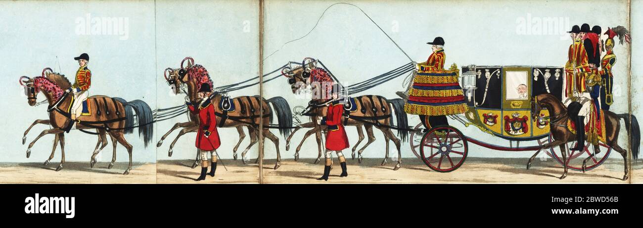 Carriage of Prince Augustus Frederick, Duke of Sussex, uncle to Queen Victoria, in Queen Victoria’s coronation parade. With escort of Life Guards, grooms in livery, carriage drawn by six bay horses. Handcoloured aquatint engraving from Fores' Correct Representation of the State Procession on the Occasion of the August Ceremony of Her Majesty's Coronation, June 28th 1838, published by Fores, Sporting and Fine Print Repository, Piccadilly, London, 1838. Stock Photo