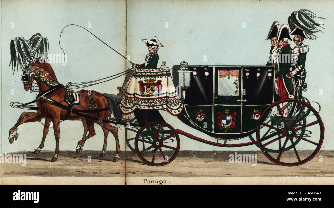 Carriage of Pedro de Sousa Holstein, Duke of Palmela, Ambassador Extraordinary from the Queen of Portugal, Dona Maria II, in Queen Victoria’s coronation parade. Handcoloured aquatint engraving from Fores' Correct Representation of the State Procession on the Occasion of the August Ceremony of Her Majesty's Coronation, June 28th 1838, published by Fores, Sporting and Fine Print Repository, Piccadilly, London, 1838. Stock Photo