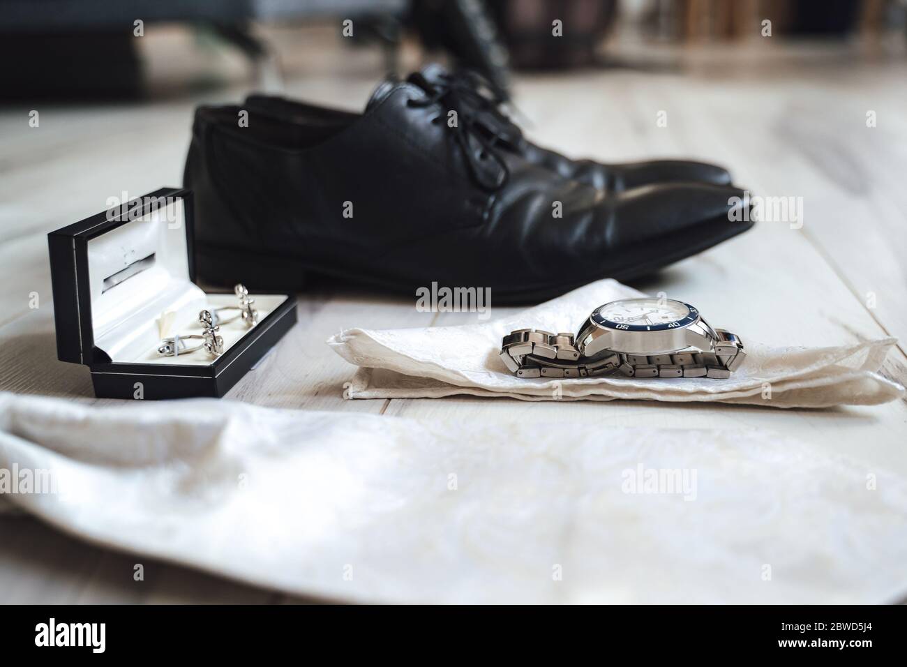 Close Up Of Modern Man Accessories Wedding Rings Black Bowtie Leather Shoes  Belt And Cufflinks Stock Photo - Download Image Now - iStock