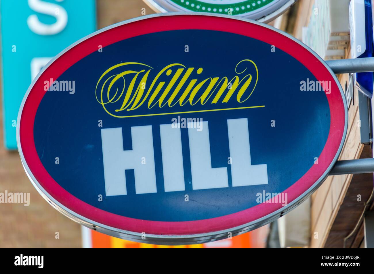 William Hill gambling shop name board Stock Photo