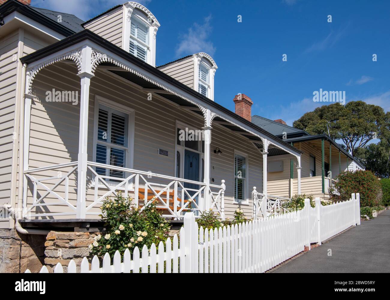 Weatherboard houses on steep street Battery Point Hobart Tasmania Stock Photo Alamy