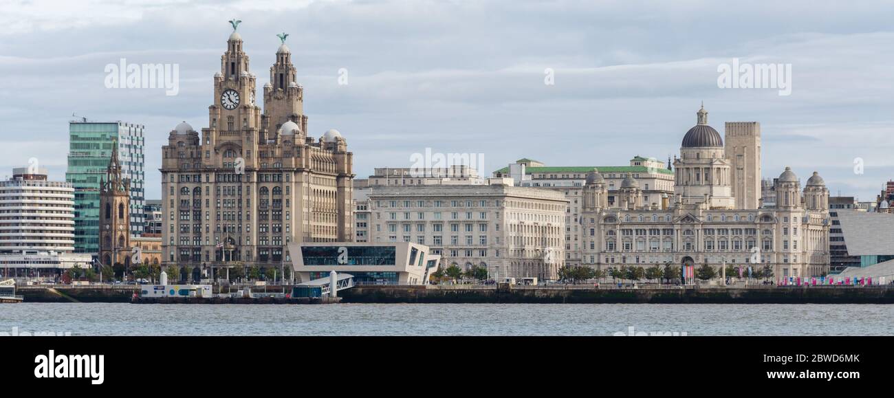 Liverpool, UK: Oct 1, 2017: A general scenic view of the buildings on the Liverpool Waterfont seen from the opposite bank of the River Mersey. Stock Photo
