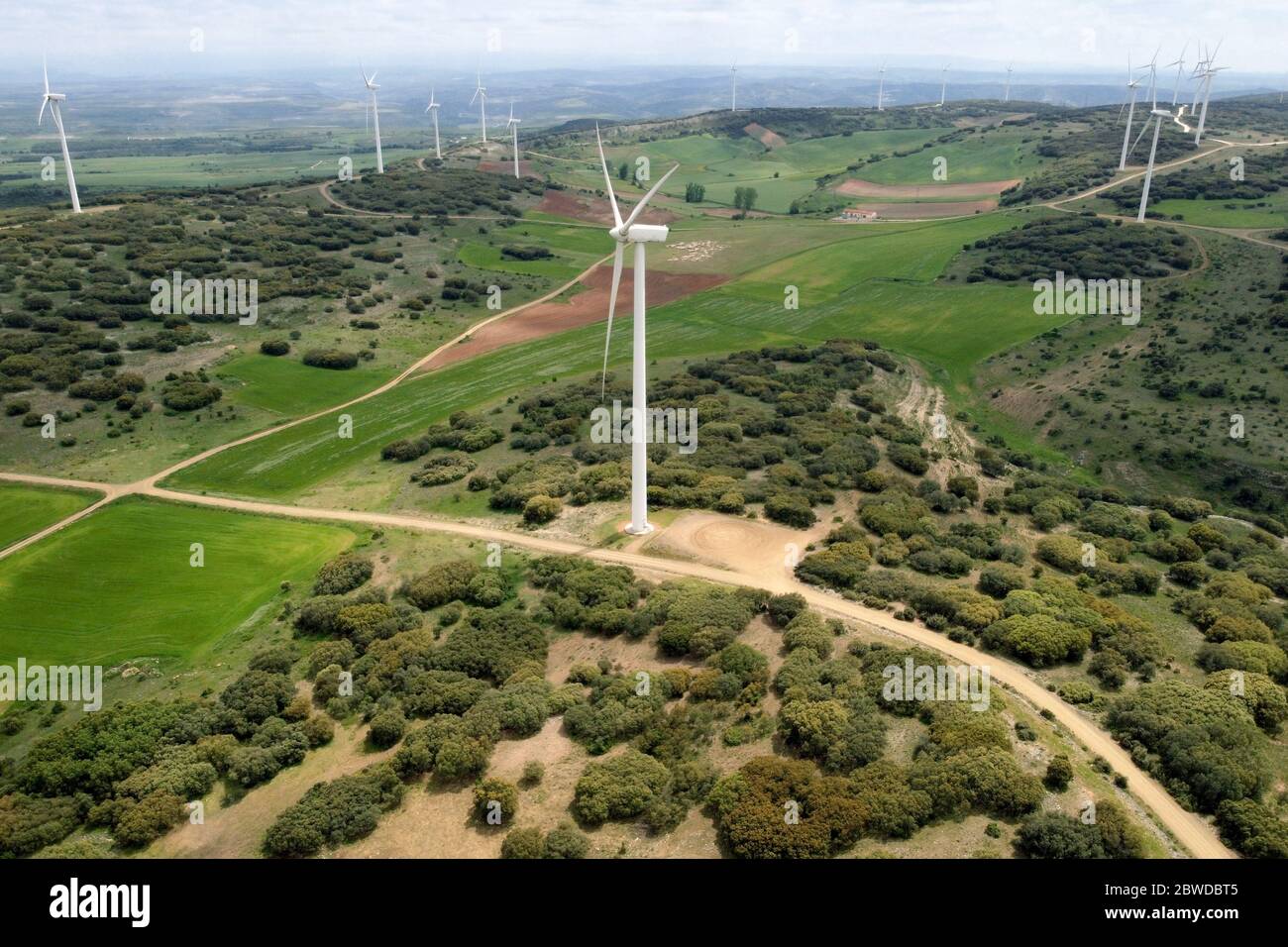 Aerial view of windmills farm for clean energy production on beautiful cloudy sky. Wind power turbines generating clean renewable energy for sustainable development . Stock Photo