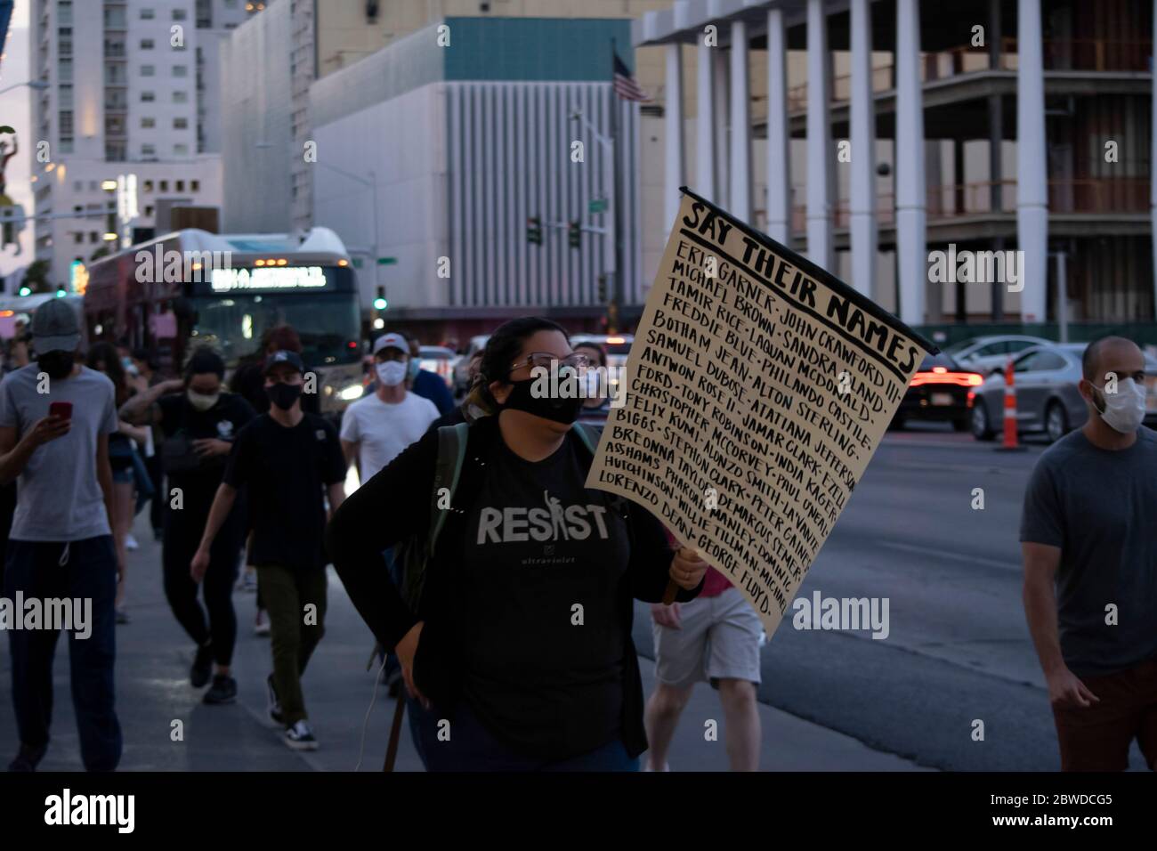 Las Vegas, NV - May 30, 2020: Protesters march along Las Vegas Blvd towards the courthouse and city hall calling for changes in police departments nationwide in the wake of the George Floyd murder on May 30, 2020 in downtown Las Vegas, Nevada. Credit: Shannon Beelman/The Photo Access Stock Photo