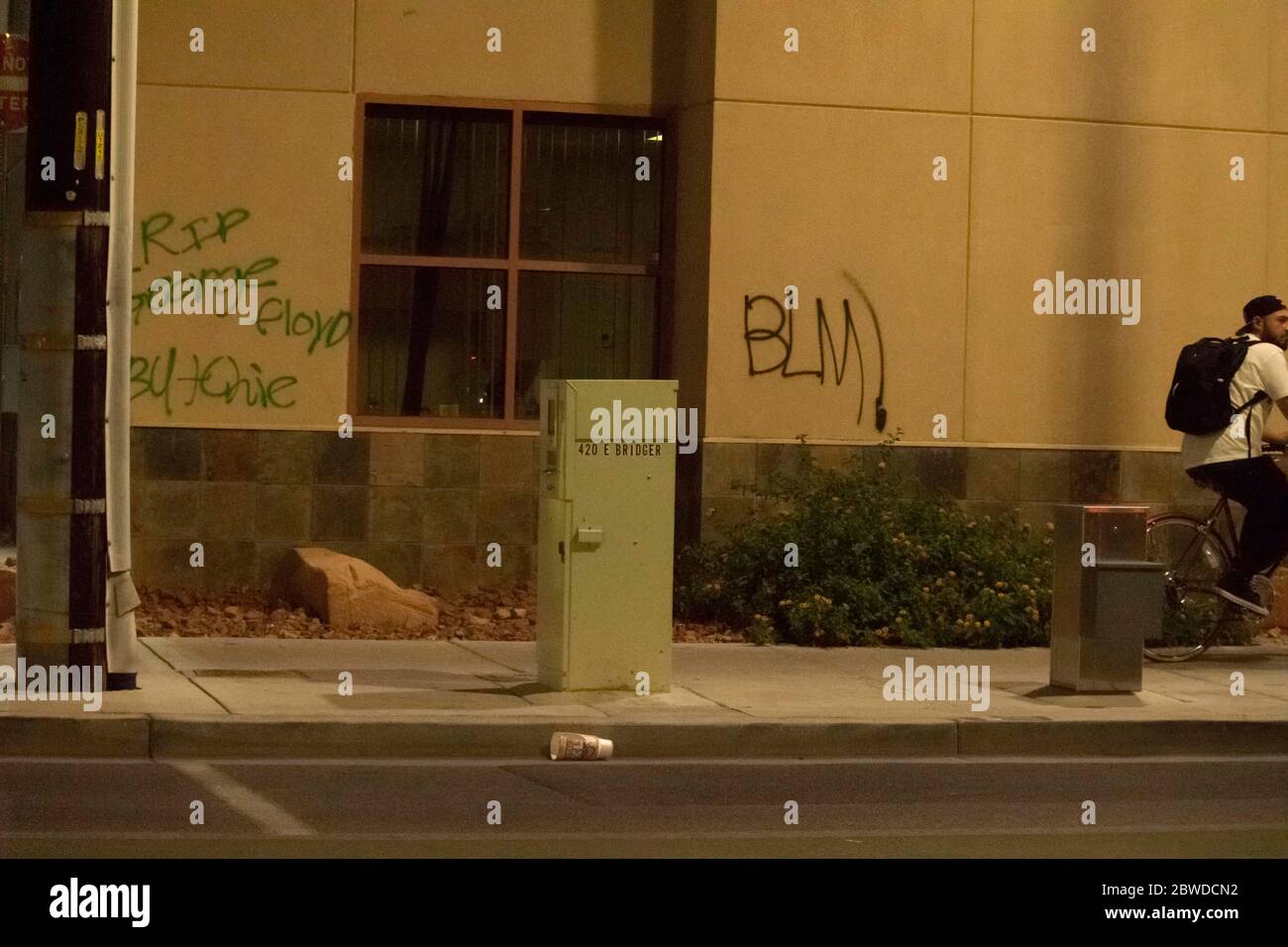 Las Vegas, NV - May 30, 2020: Building with graffiti 'BLM!' and 'RIP George Floyd' as protesters gather to protest and march in a nationwide call for changes in the police departments across the country on May 30, 2020 in downtown Las Vegas, Nevada. Credit: Shannon Beelman/The Photo Access Stock Photo