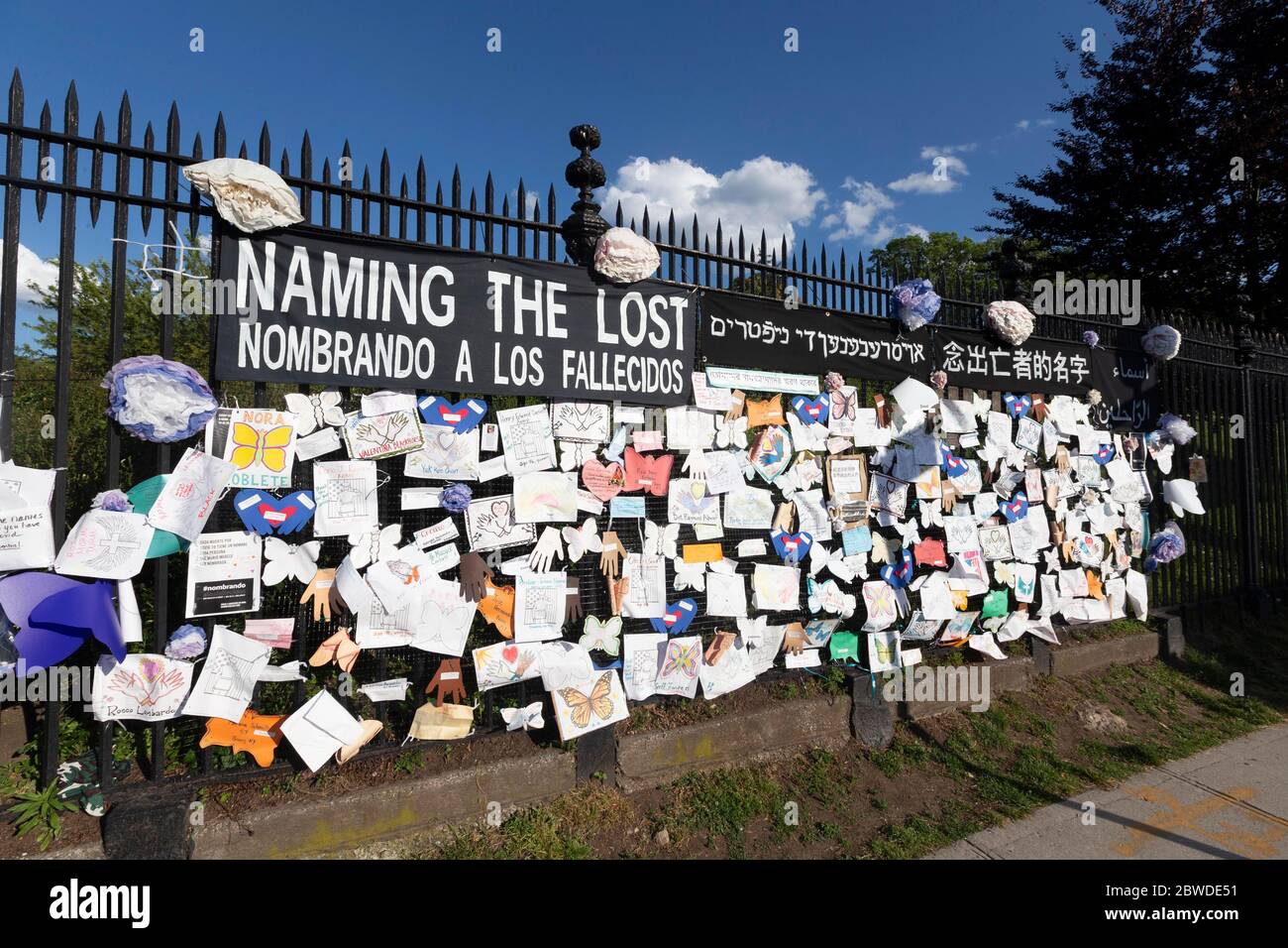 May 30, 2020, New York, NY, USA: In Sunset Park, Brooklyn, in an effort tp humanize and mourn  those who have lost their lives to COVID-19 , the novel Coronavirus. locals have set up the The 'Naming the Lost' memorial tribute wall outside of Green-wood Cemetery. (Credit Image: © Dan Herrick/ZUMA Wire) Stock Photo
