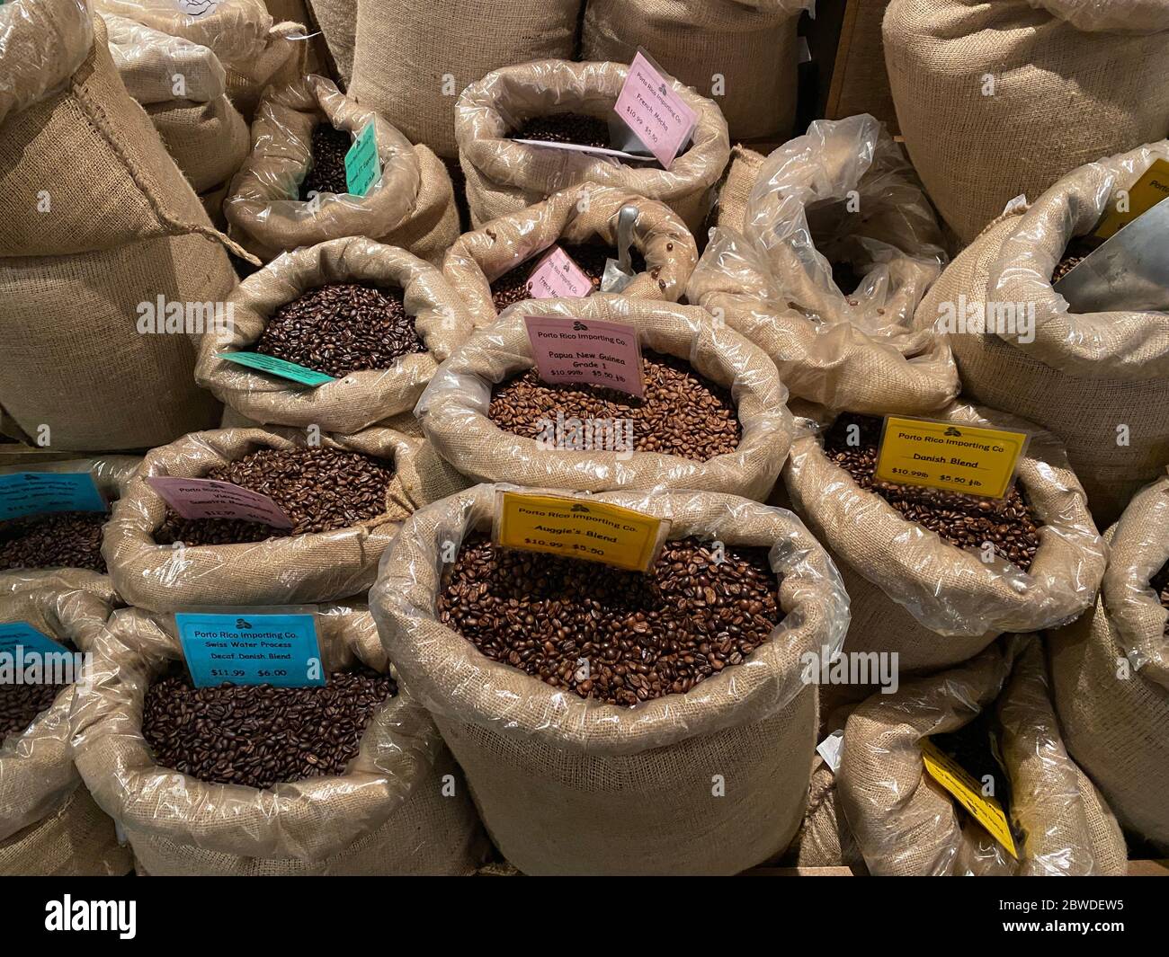 Sacks of coffee beans grown in Puerto Rico displayed in a Manhattan