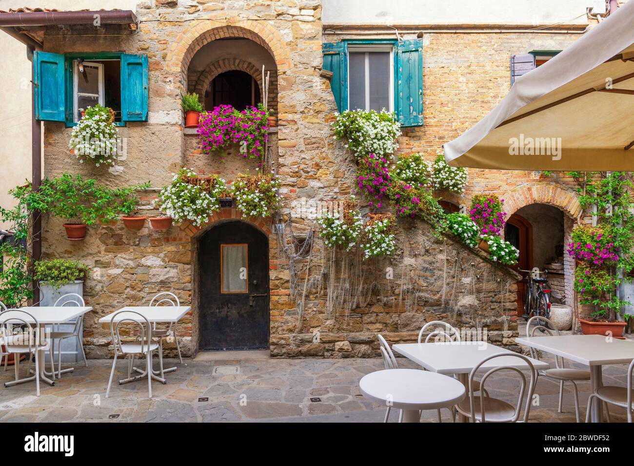 Empty cafe in Italy. Impact of coronavirus and quarantine on small local business. Stock Photo