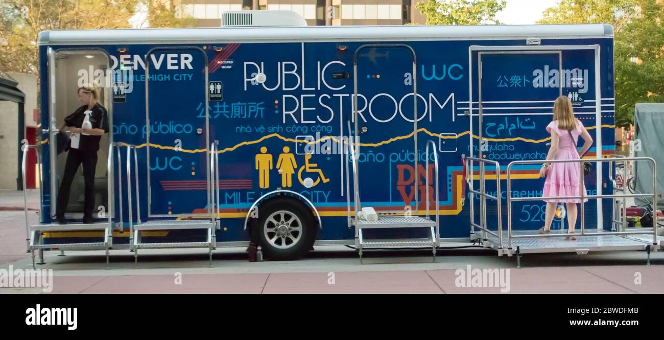 Public restroom on wheels Denver Colorado USA Stock Photo