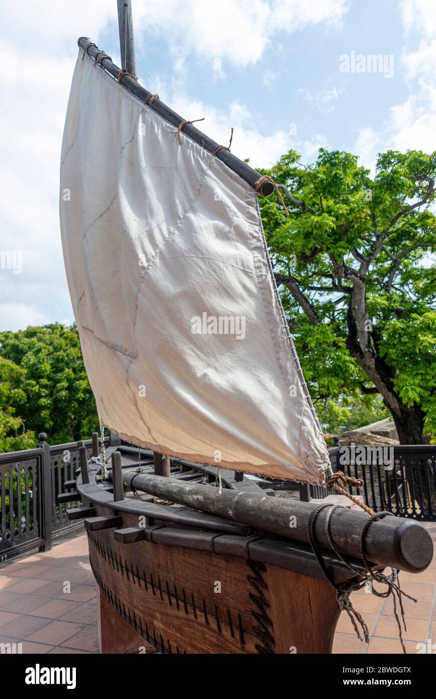 replica of the Swahili people's sailing boat located inside Fort Jesus next to the Oman house Stock Photo