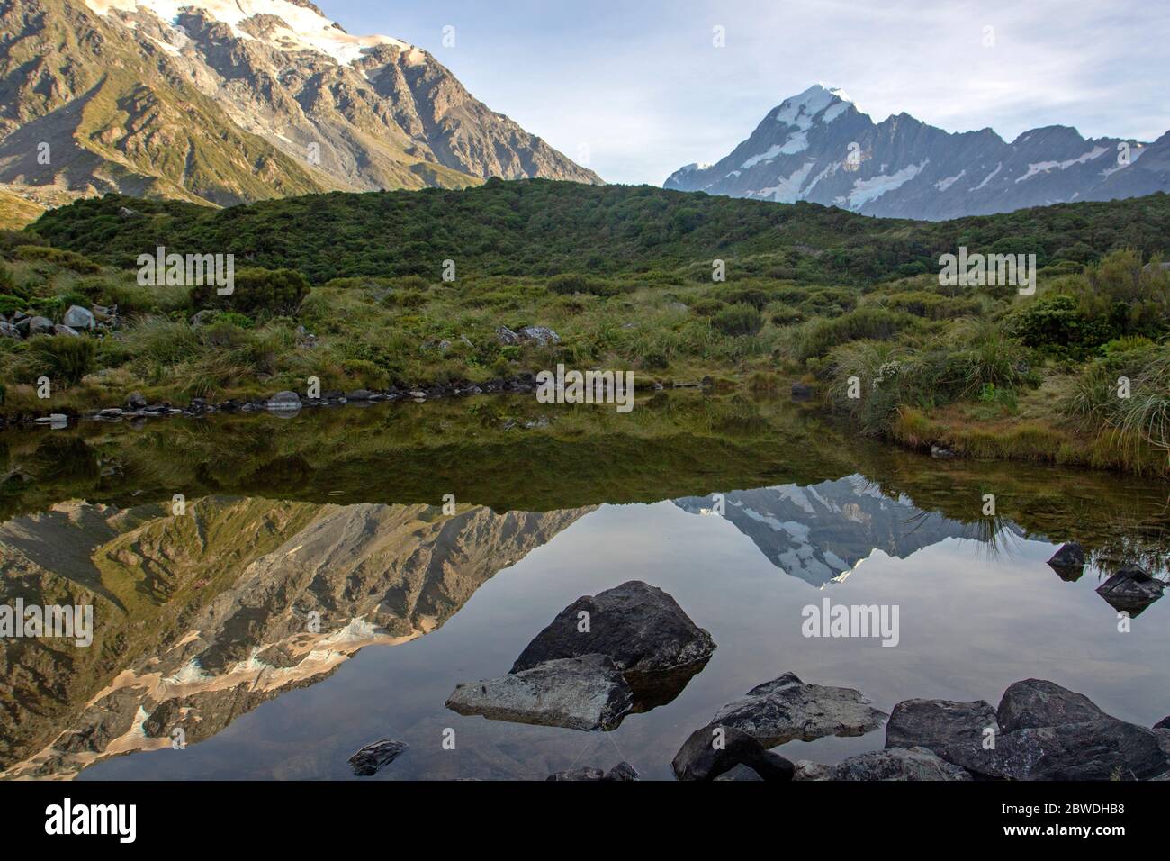 Aoraki/Mt Cook reflected in a tarn Stock Photo
