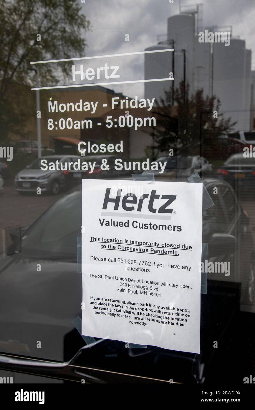 White Bear Lake, Minnesota.  Hertz car rental. Hertz filed for bankruptcy protection due to the coronavirus pandemic. Hertz lost all its revenue when Stock Photo
