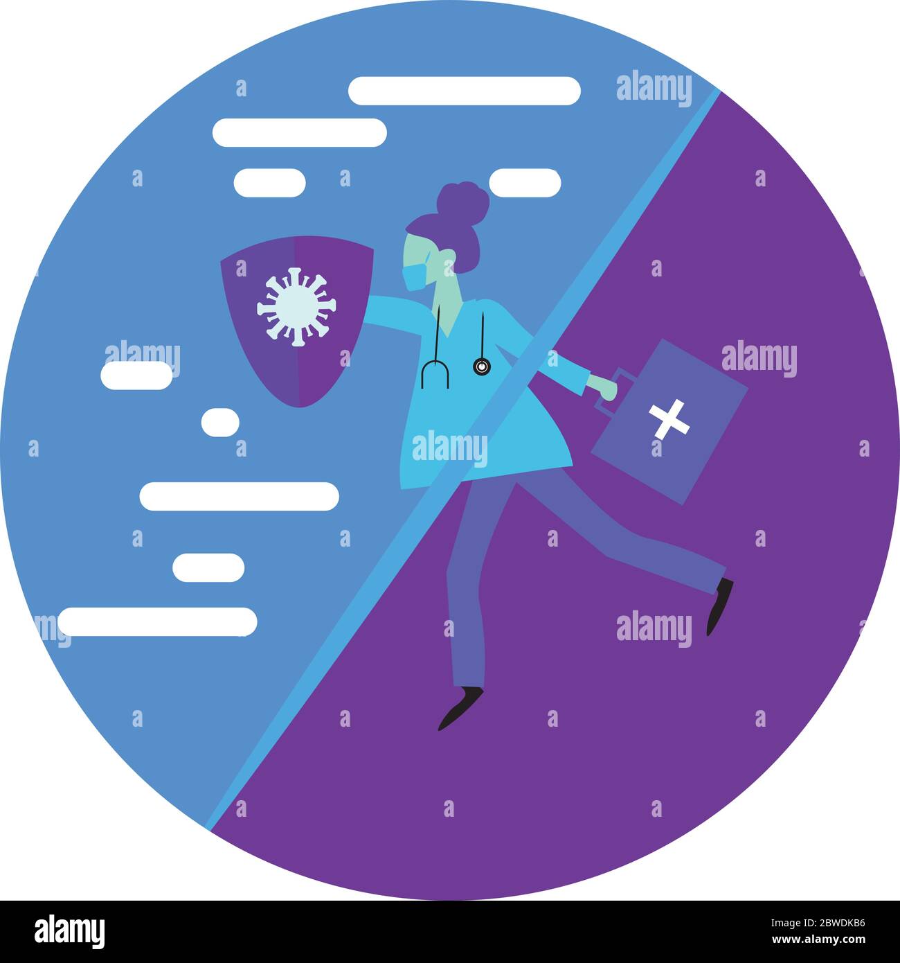 A Masked Women Nurse using A Shield runs From Normal into New Normal Condition Due to Corona Virus Covid 19 Pandemic Stock Vector