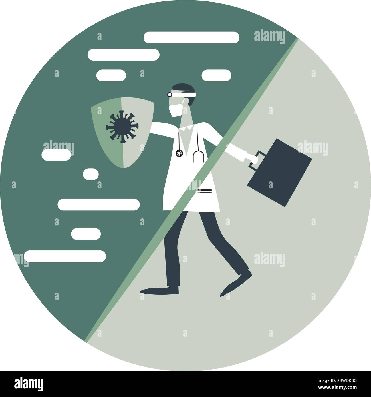 A Masked Doctor using A Shield runs From Normal into New Normal Condition Due to Corona Virus Covid 19 Pandemic Stock Vector