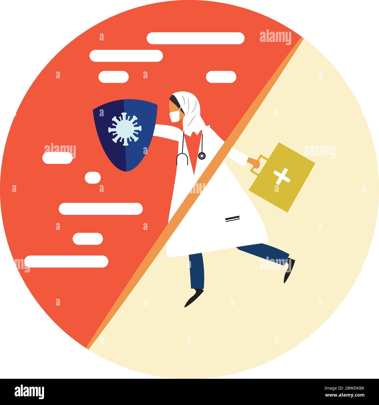 A Masked Hijab Women Doctor using A Shield runs From Normal into New Normal Condition Due to Corona Virus Covid 19 Pandemic Stock Vector