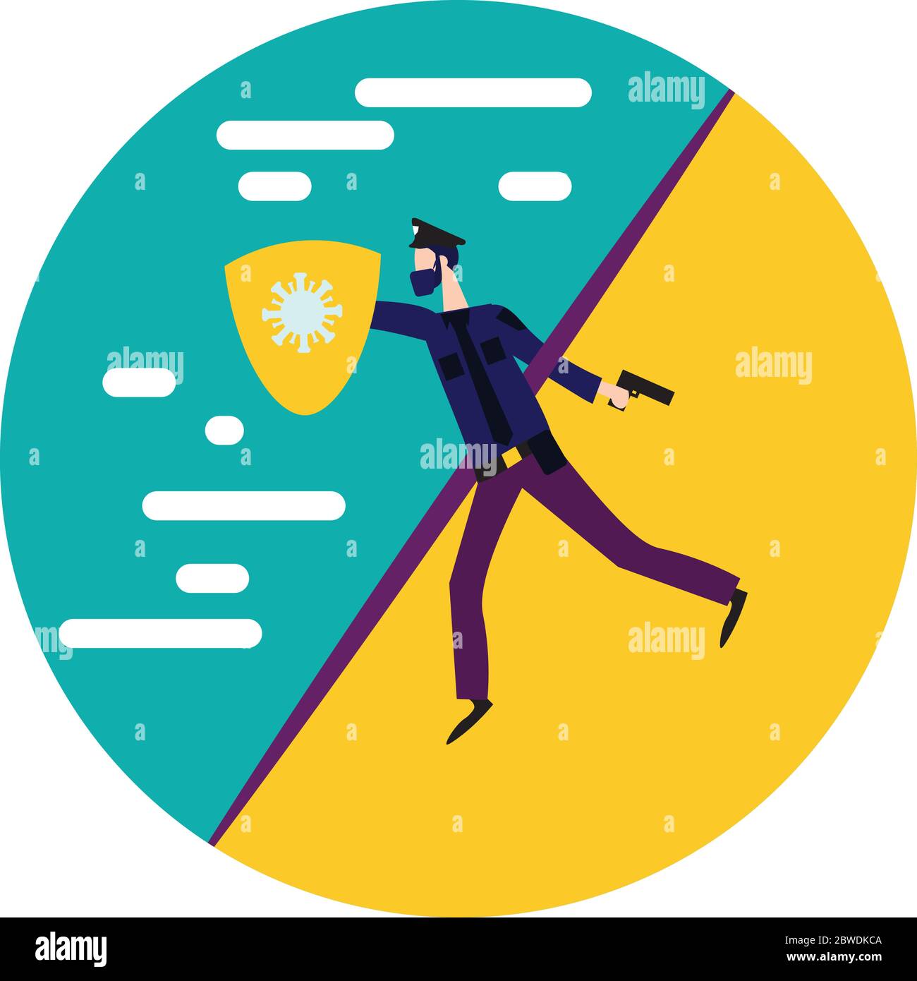 A Masked Man Police using A Shield runs From Normal into New Normal Condition Due to Corona Virus 19 Pandemic Stock Vector