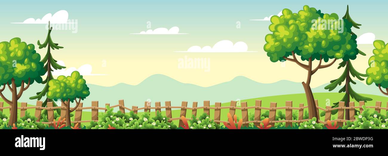 Panorama summer landscape with trees and fence. Vector illustration ...
