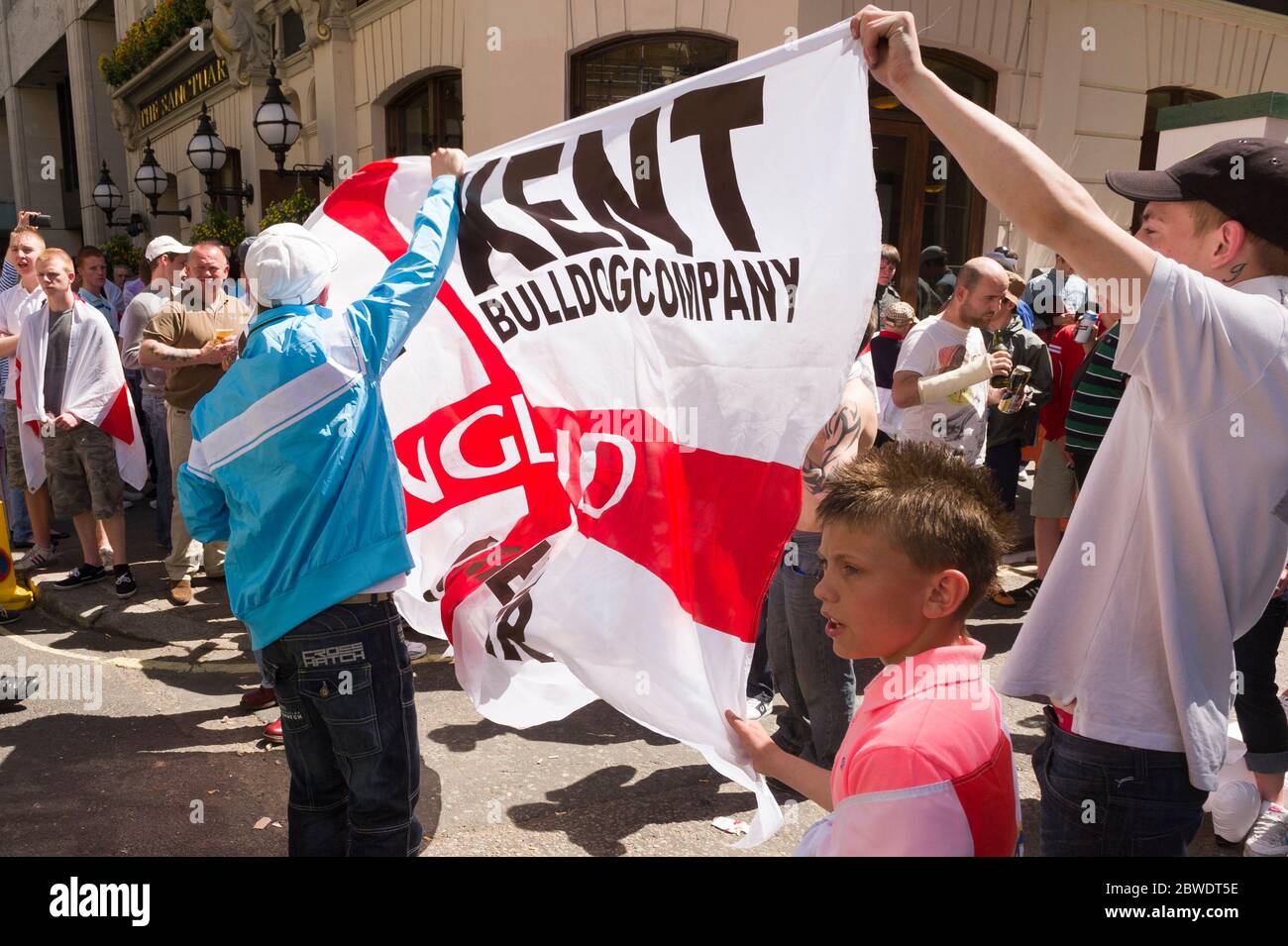 English Defence League (EDL) members on a March organised by group calling itself 'British Citizens Against Muslim Extremists'. The protest is about t Stock Photo