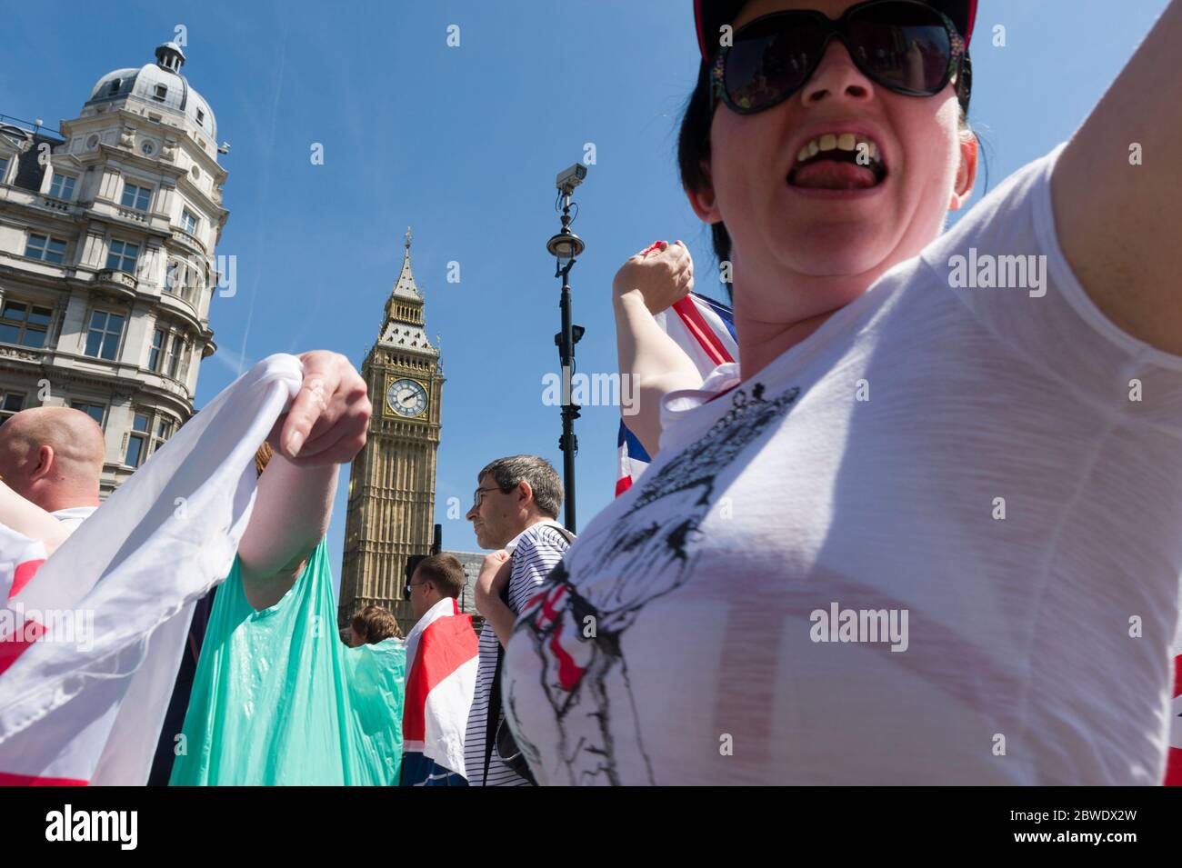 English Defence League (EDL) members on  a March organised by group calling itself 'British Citizens Against Muslim Extremists'. The protest is about Stock Photo