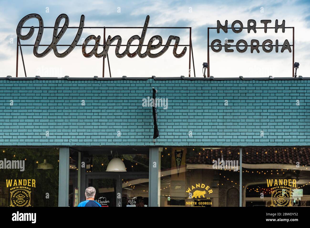 Wander North Georgia, a locally-owned, family-run, outdoor store on Main Street in Clayton, GA, a community nestled in Georgia's Blue Ridge Mountains. Stock Photo