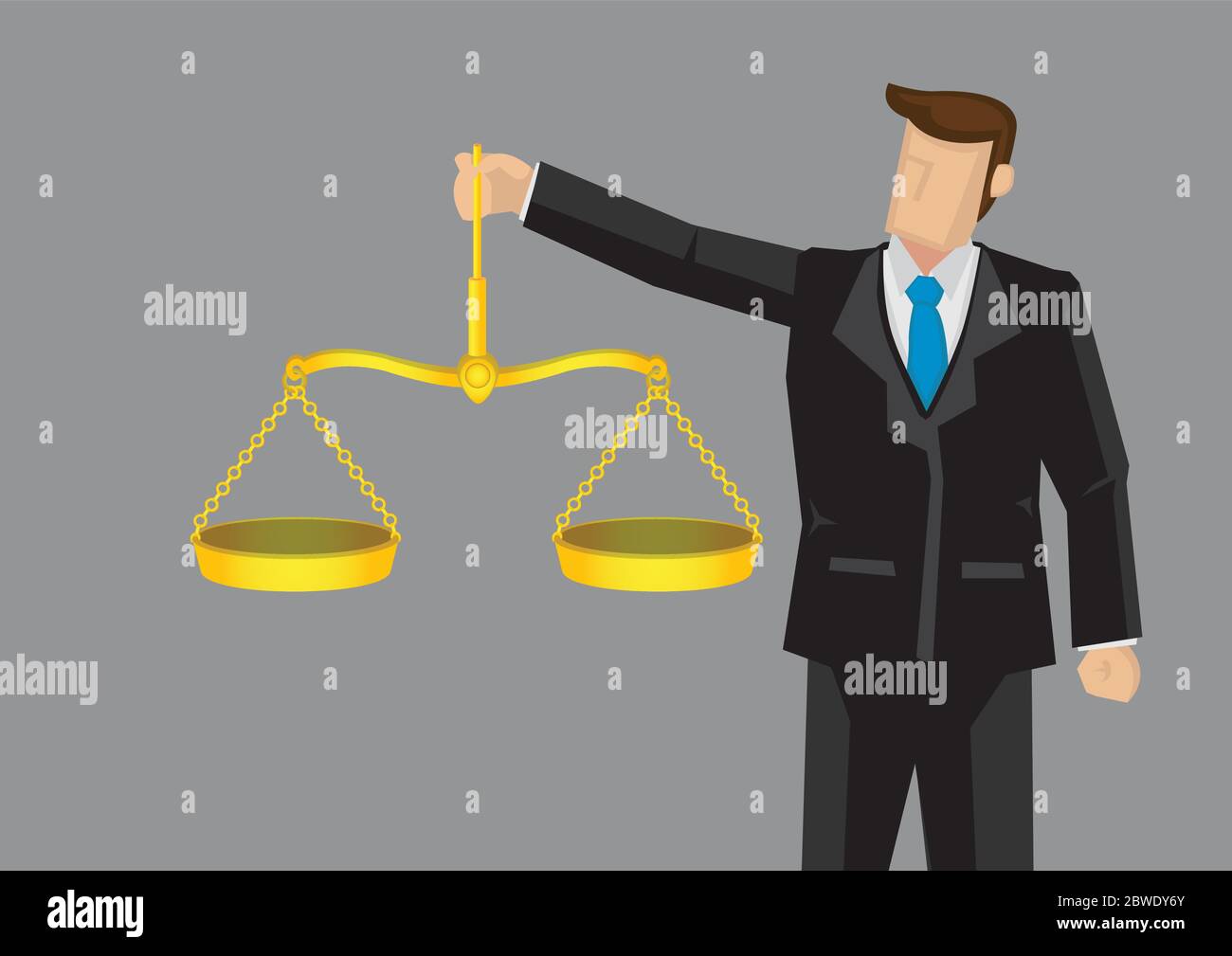 Cartoon man in formal suit holding golden balance scales, like Scales of Justice. Vector illustration for concept on upholding professional ethics iso Stock Vector