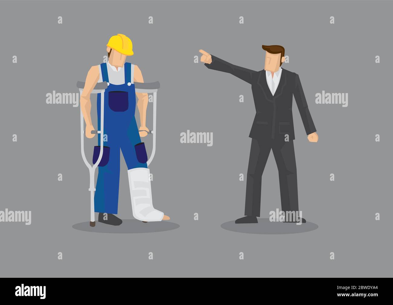 Cartoon man as employer pointing at dejected manual worker with crutch and leg cast. Vector illustration for concept on discrimination against injured Stock Vector