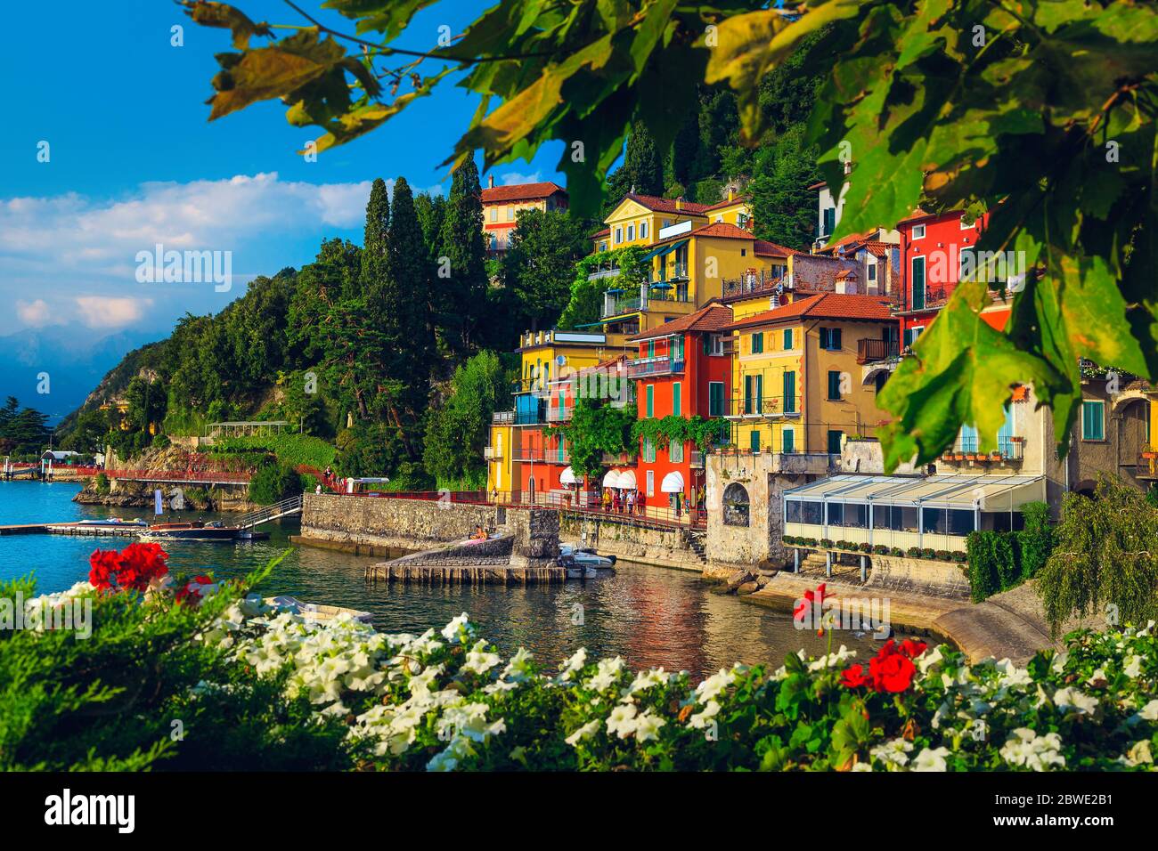 Flowery garden on the lake shore and beautiful view with colorful